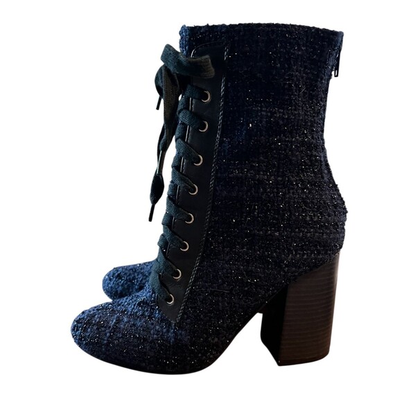 Forever 21 Tweed Lace-up Boots w Zipper Size 7.5 Blue Metallic Grandma Boots - Picture 10 of 10